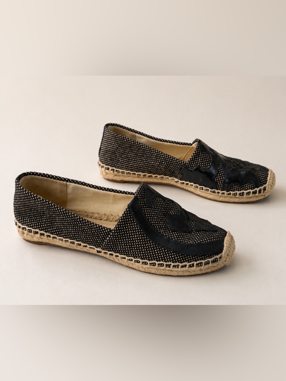 Tory Burch Espadrilles Sz 7 Black Canvas Leather Logo Flats Slip On